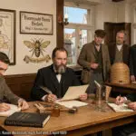 Historische Darstellung der Gründung des Bienenzucht-Vereins Herford am 1. November 1887. Männer in historischer Kleidung sitzen an einem Holztisch und unterzeichnen Dokumente; an der Wand hängen eine Karte der Minden-Ravensberger Sektion und ein Vereinslogo mit Biene.