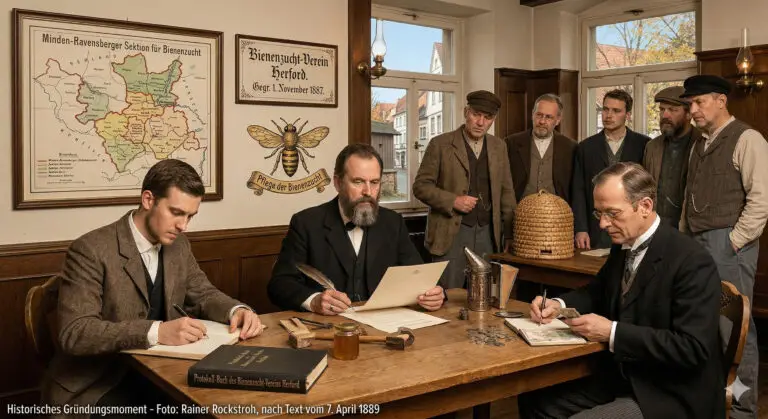 Historische Darstellung der Gründung des Bienenzucht-Vereins Herford am 1. November 1887. Männer in historischer Kleidung sitzen an einem Holztisch und unterzeichnen Dokumente; an der Wand hängen eine Karte der Minden-Ravensberger Sektion und ein Vereinslogo mit Biene.