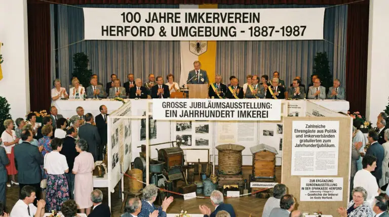 Festakt zum 100-jährigen Jubiläum des Imkervereins Herford & Umgebung im Jahr 1987 mit Rednerpult, Ehrengästen und einer historischen Ausstellung von Bienenstöcken.