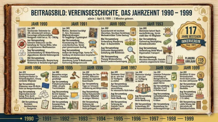 Infografik zur Vereinsgeschichte eines Imkervereins von 1990 bis 1999 mit Jahreshöhepunkten, 115-jährigem Jubiläum und Vorstandschronik.