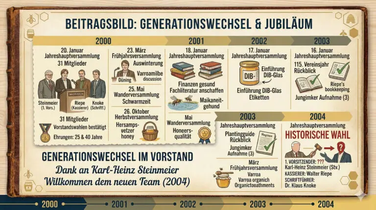 Illustrierte Chronik eines Imkervereins der Jahre 2000 bis 2004 mit Fokus auf den Generationenwechsel im Vorstand und wichtige Vereinsmeilensteine.