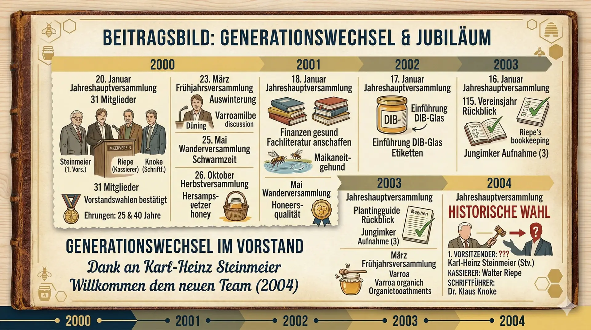 Illustrierte Chronik eines Imkervereins der Jahre 2000 bis 2004 mit Fokus auf den Generationenwechsel im Vorstand und wichtige Vereinsmeilensteine.