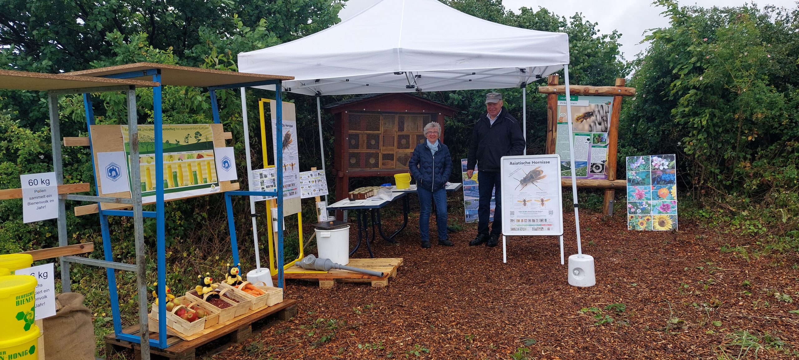 Eine Frau und ein Mann stehen lächelnd an einem Informationsstand im Freien unter einem weißen Pavillon. Links ist ein großes Insektenhotel zu sehen, davor ein Tisch mit Honiggläsern. Rechts steht ein Aufsteller zur Asiatischen Hornisse und eine Informationstafel zu Wildbienen.