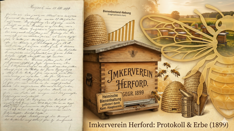 Historische Collage zur Gründung des Imkervereins Herford 1899 mit Protokollbuch, Bienenbeute, Strohkörben und einer goldenen Bienen-Grafik.