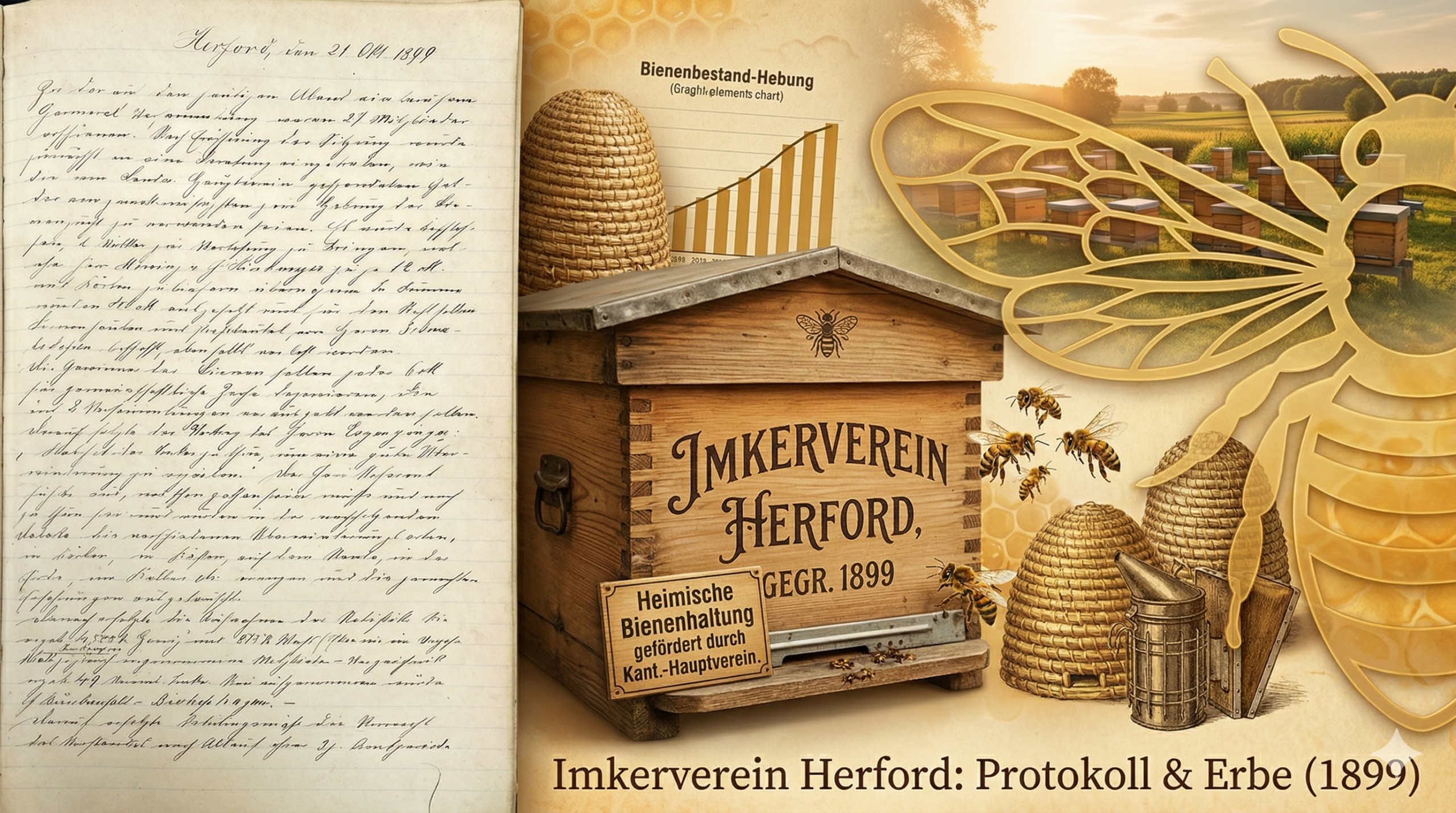 Historische Collage zur Gründung des Imkervereins Herford 1899 mit Protokollbuch, Bienenbeute, Strohkörben und einer goldenen Bienen-Grafik.