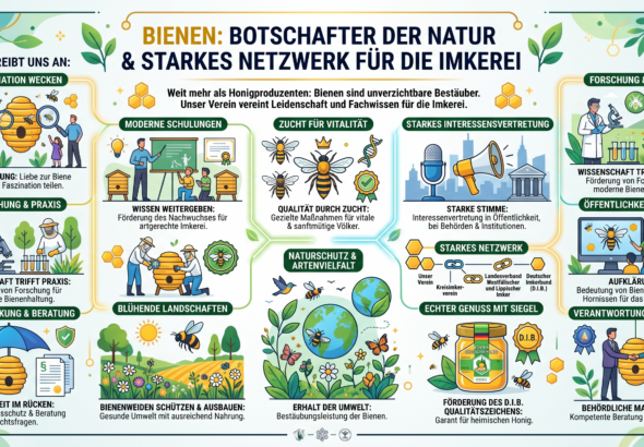 Drei Imker in Schutzkleidung auf einer Wiese vor der Herforder Altstadt prüfen Waben, im Hintergrund ein Holz-Infopanel des Imkervereins Herford mit Illustrationen.