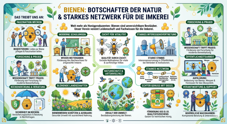 Drei Imker in Schutzkleidung auf einer Wiese vor der Herforder Altstadt prüfen Waben, im Hintergrund ein Holz-Infopanel des Imkervereins Herford mit Illustrationen.