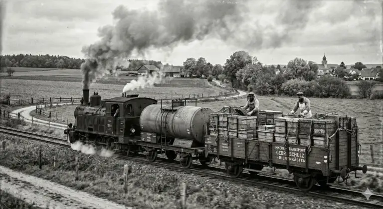 Historische Dampflokomotive zieht einen Güterwaggon der Imkerei Gebrüder Schulz voller Bienenstöcke durch eine ländliche Landschaft. Zwei Männer arbeiten auf dem Waggon.