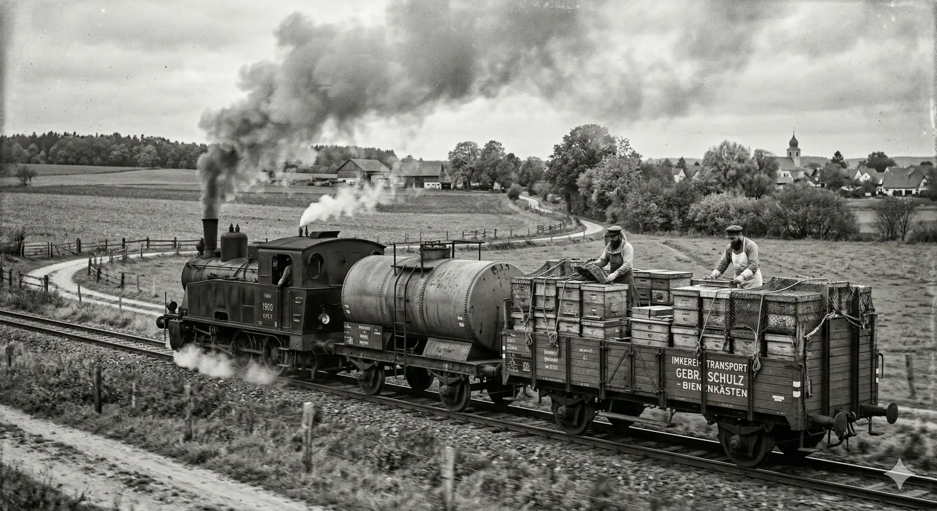 Historische Dampflokomotive zieht einen Güterwaggon der Imkerei Gebrüder Schulz voller Bienenstöcke durch eine ländliche Landschaft. Zwei Männer arbeiten auf dem Waggon.