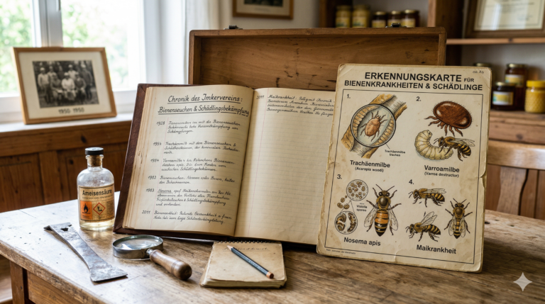 Ein aufgeschlagenes historisches Buch mit dem Titel „Chronik des Imkervereins“ neben einer illustrierten Erkennungskarte für Bienenkrankheiten auf einem rustikalen Holztisch.