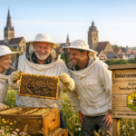 Drei Imker, eine junge Frau und zwei Männer, begutachten lachend eine bienenbesetzte Wabe über einem Bienenstock in einer Blumenwiese. Rechts steht ein Holzschild mit dem Text 'Imkerverein Herford'. Im Hintergrund die Herforder Kirchtürme.