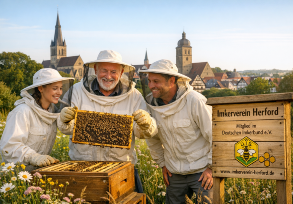 Drei Imker, eine junge Frau und zwei Männer, begutachten lachend eine bienenbesetzte Wabe über einem Bienenstock in einer Blumenwiese. Rechts steht ein Holzschild mit dem Text 'Imkerverein Herford'. Im Hintergrund die Herforder Kirchtürme.