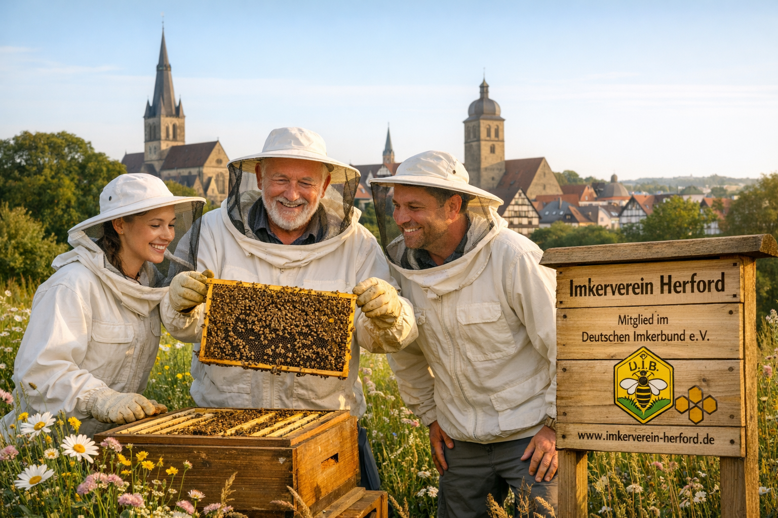 Drei Imker, eine junge Frau und zwei Männer, begutachten lachend eine bienenbesetzte Wabe über einem Bienenstock in einer Blumenwiese. Rechts steht ein Holzschild mit dem Text 'Imkerverein Herford'. Im Hintergrund die Herforder Kirchtürme.
