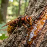 Eine Europäischen Hornisse (Vespa crabro) frisst an einer Rindenwunde eines alten Eichenbaumes.