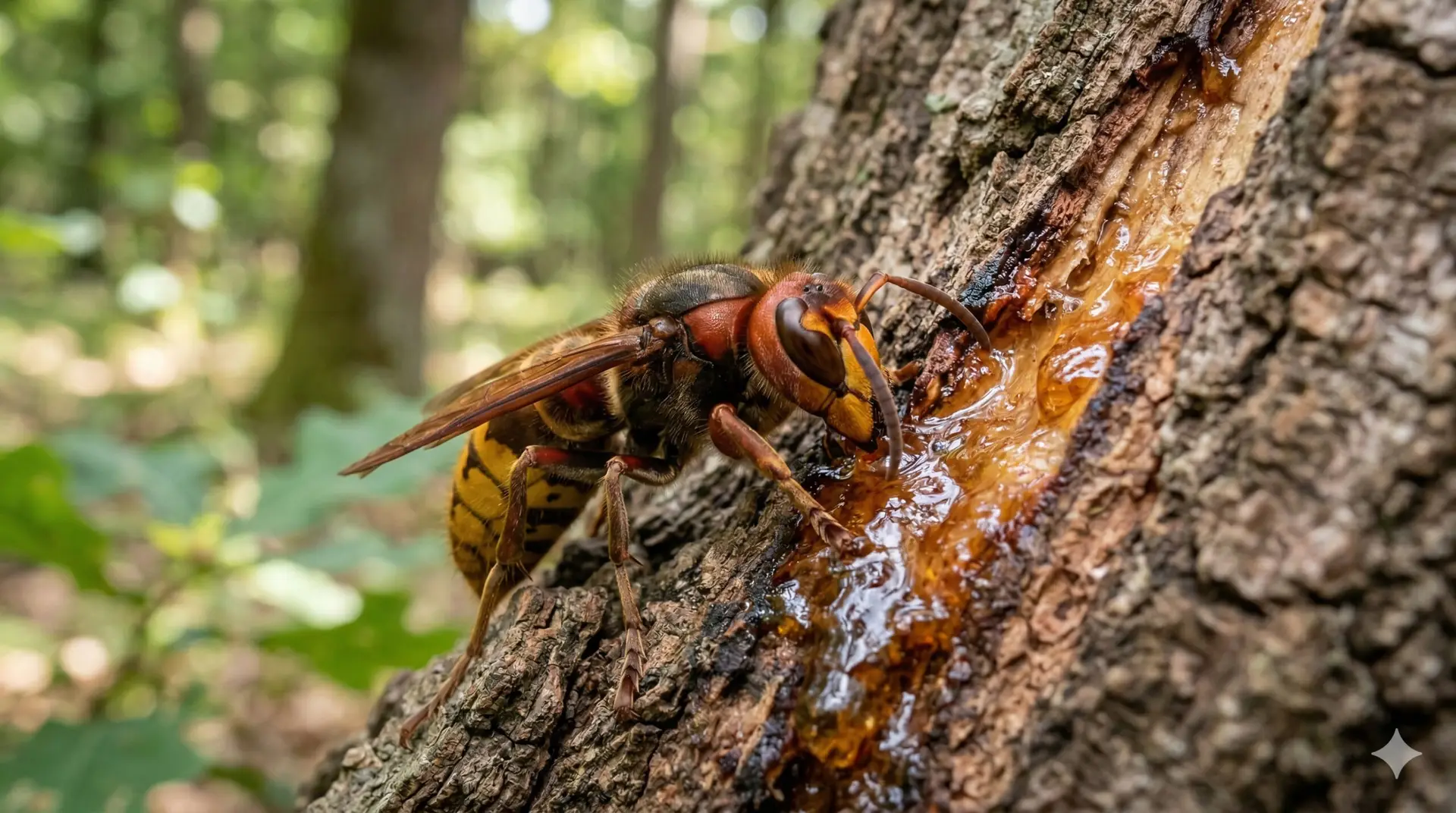 Eine Europäischen Hornisse (Vespa crabro) frisst an einer Rindenwunde eines alten Eichenbaumes.