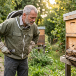 Ein älterer, grauhaariger Imker in Schutzjacke und Handschuhen steht in einem blühenden Garten und betrachtet aufmerksam einen Bienenstock, um den mehrere Bienen fliegen.