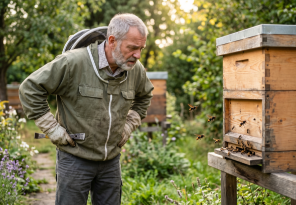 Ein älterer, grauhaariger Imker in Schutzjacke und Handschuhen steht in einem blühenden Garten und betrachtet aufmerksam einen Bienenstock, um den mehrere Bienen fliegen.