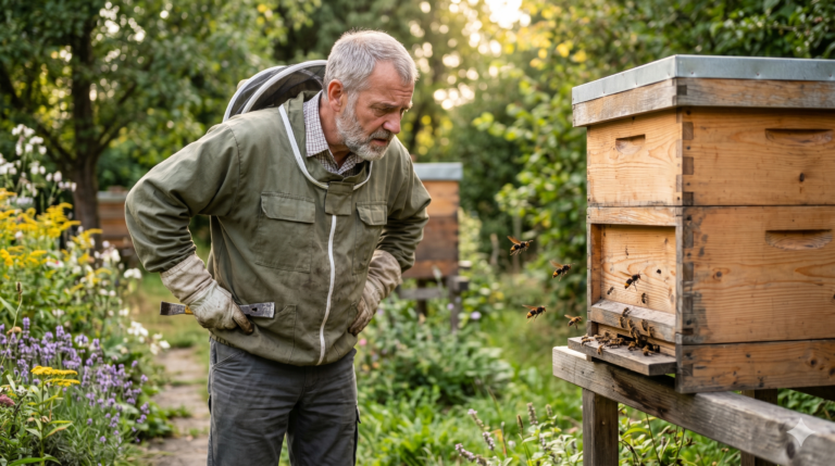 Ein älterer, grauhaariger Imker in Schutzjacke und Handschuhen steht in einem blühenden Garten und betrachtet aufmerksam einen Bienenstock, um den mehrere Bienen fliegen.
