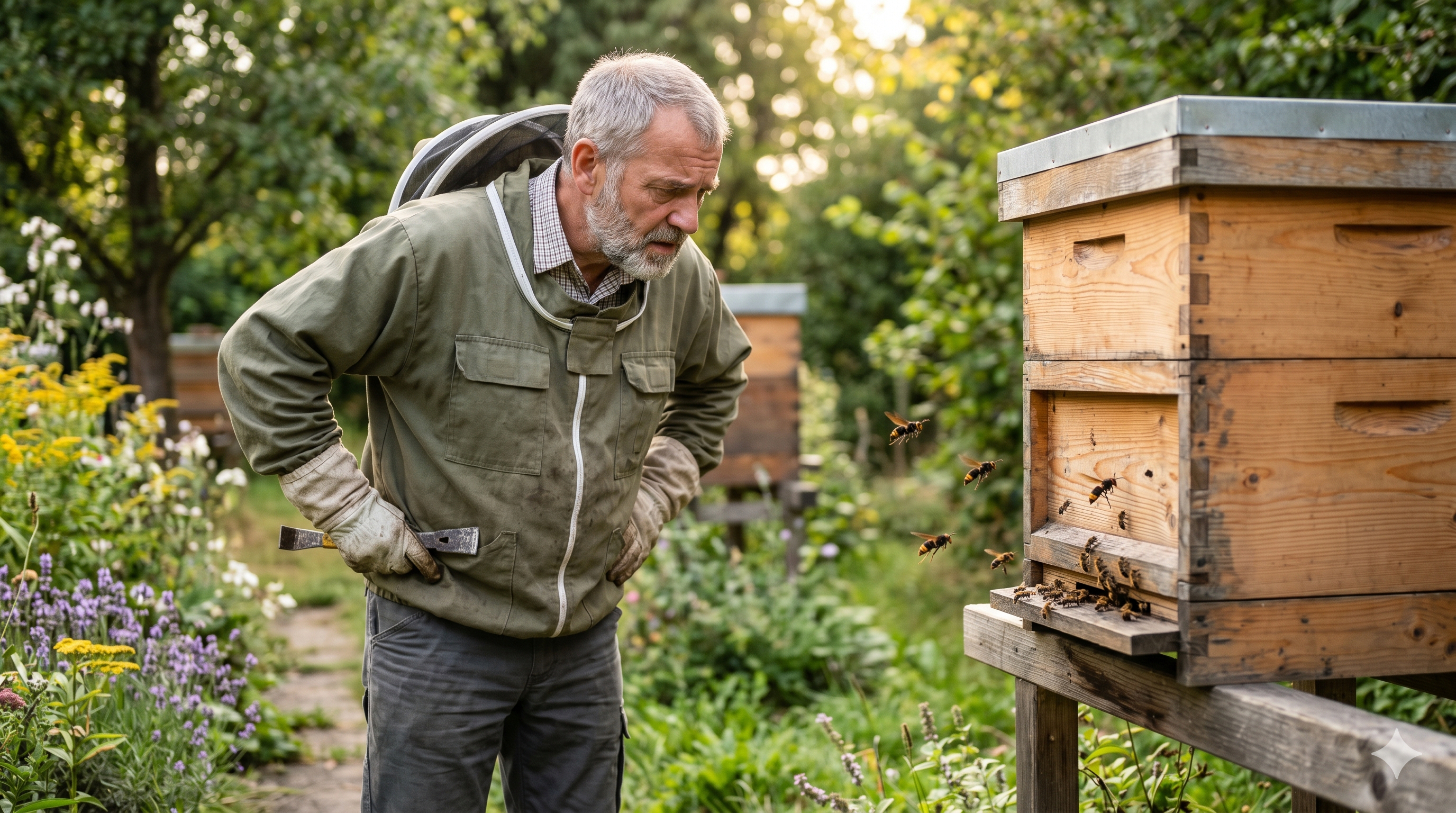 Ein älterer, grauhaariger Imker in Schutzjacke und Handschuhen steht in einem blühenden Garten und betrachtet aufmerksam einen Bienenstock, um den mehrere Bienen fliegen.