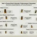 Eine systematische Insektensammlung in einem weißen Schaukasten im Querformat, die verschiedene in Deutschland heimische Faltenwespen-Arten (Vespidae) zeigt, geordnet nach Gattungen wie Hornissen, Langkopf- und Kurzkopfwespen sowie Feldwespen, jeweils mit Beschriftung der Art und Kaste.
