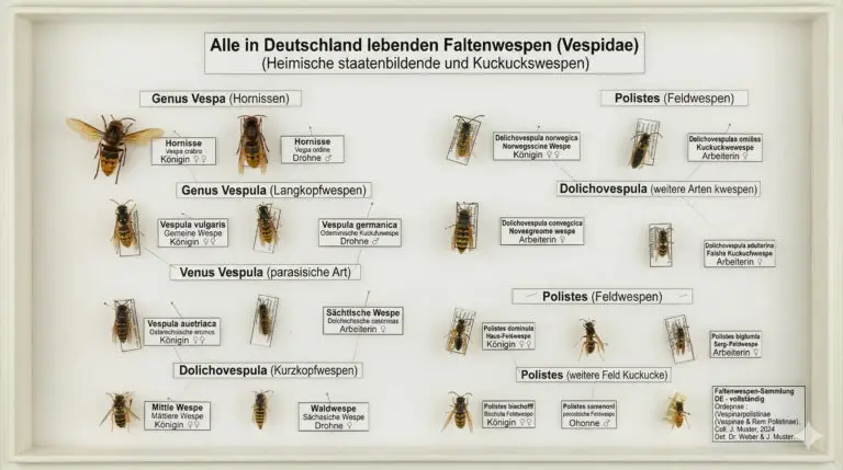 Eine systematische Insektensammlung in einem weißen Schaukasten im Querformat, die verschiedene in Deutschland heimische Faltenwespen-Arten (Vespidae) zeigt, geordnet nach Gattungen wie Hornissen, Langkopf- und Kurzkopfwespen sowie Feldwespen, jeweils mit Beschriftung der Art und Kaste.
