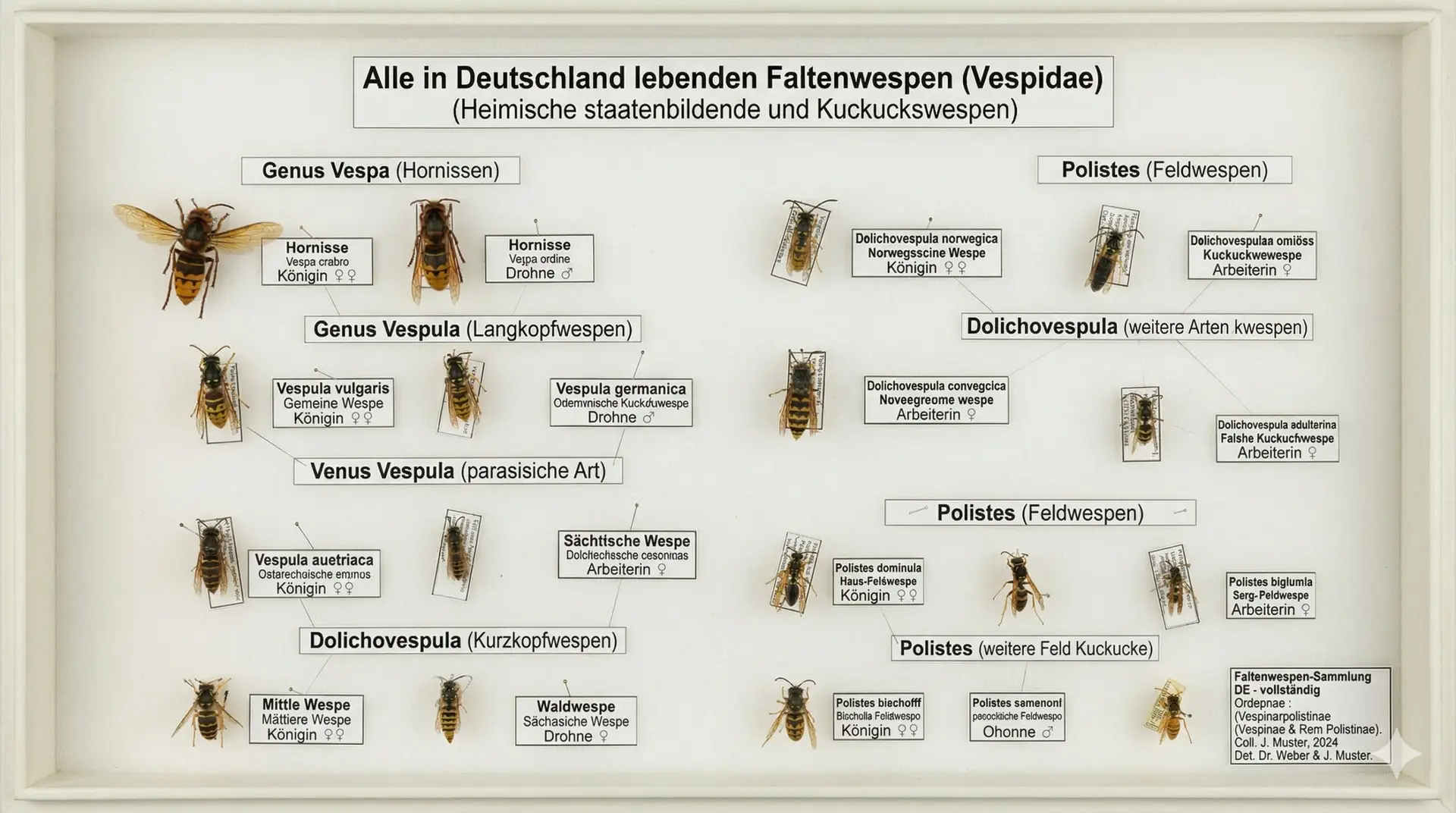 Eine systematische Insektensammlung in einem weißen Schaukasten im Querformat, die verschiedene in Deutschland heimische Faltenwespen-Arten (Vespidae) zeigt, geordnet nach Gattungen wie Hornissen, Langkopf- und Kurzkopfwespen sowie Feldwespen, jeweils mit Beschriftung der Art und Kaste.