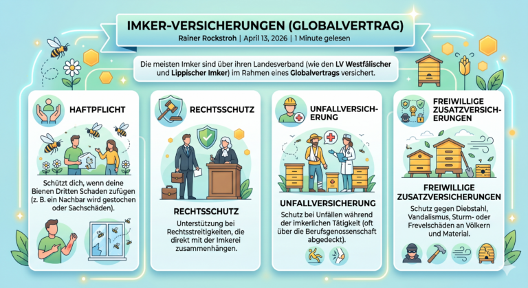 Infografik zu Imker-Versicherungen im Globalvertrag: Details zu Haftpflicht, Rechtsschutz, Unfallversicherung und freiwilligen Zusatzversicherungen für Imker.