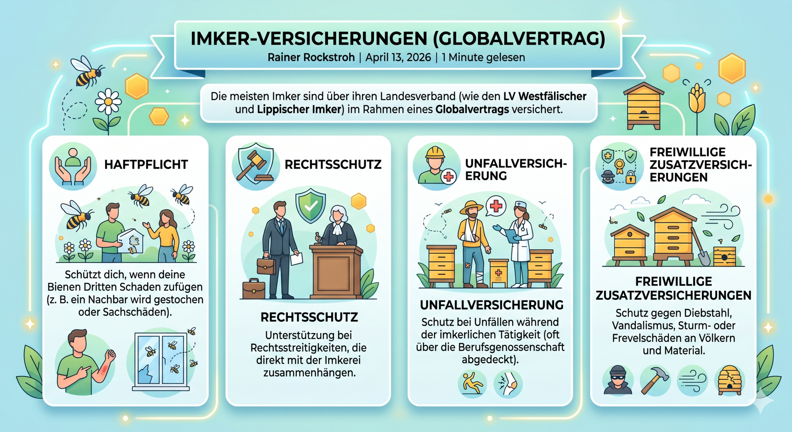 Infografik zu Imker-Versicherungen im Globalvertrag: Details zu Haftpflicht, Rechtsschutz, Unfallversicherung und freiwilligen Zusatzversicherungen für Imker.