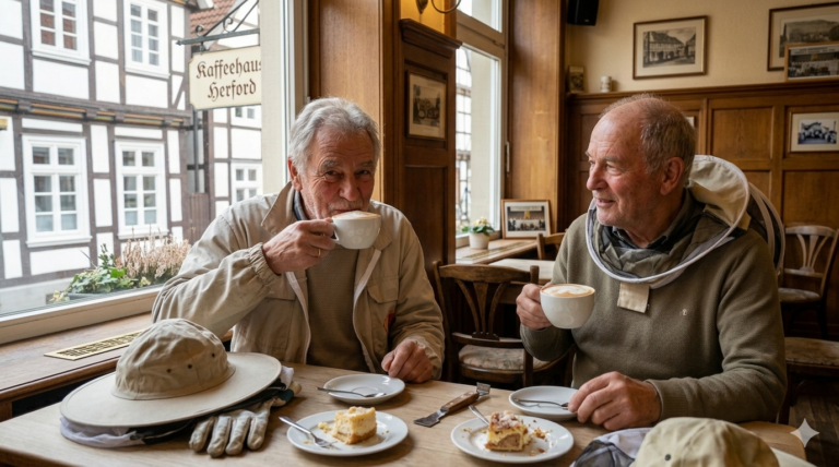 Zwei erfahrene Imker in Arbeitskleidung sitzen entspannt im gemütlichen Kaffeehaus Herford bei Cappuccino und Kuchen, ihre Imkerhüte und Handschuhe liegen auf dem Tisch.