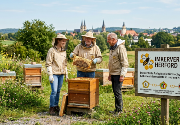 Drei Imker in Schutzkleidung begutachten eine Bienenwabe an einem Bienenstock im Freien, im Hintergrund die Silhouette von Herford.