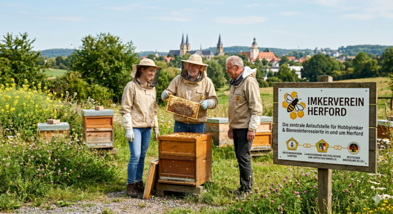 Drei Imker in Schutzkleidung begutachten eine Bienenwabe an einem Bienenstock im Freien, im Hintergrund die Silhouette von Herford.