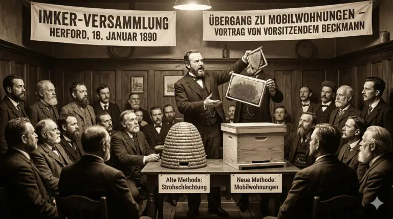 Historische Imker-Versammlung in Herford am 18. Januar 1890: Vorsitzender Beckmann hält einen Vortrag über den Wechsel von der Strohschlachtung (Strohkorb) zu modernen Mobilwohnungen (Magazinbeute).