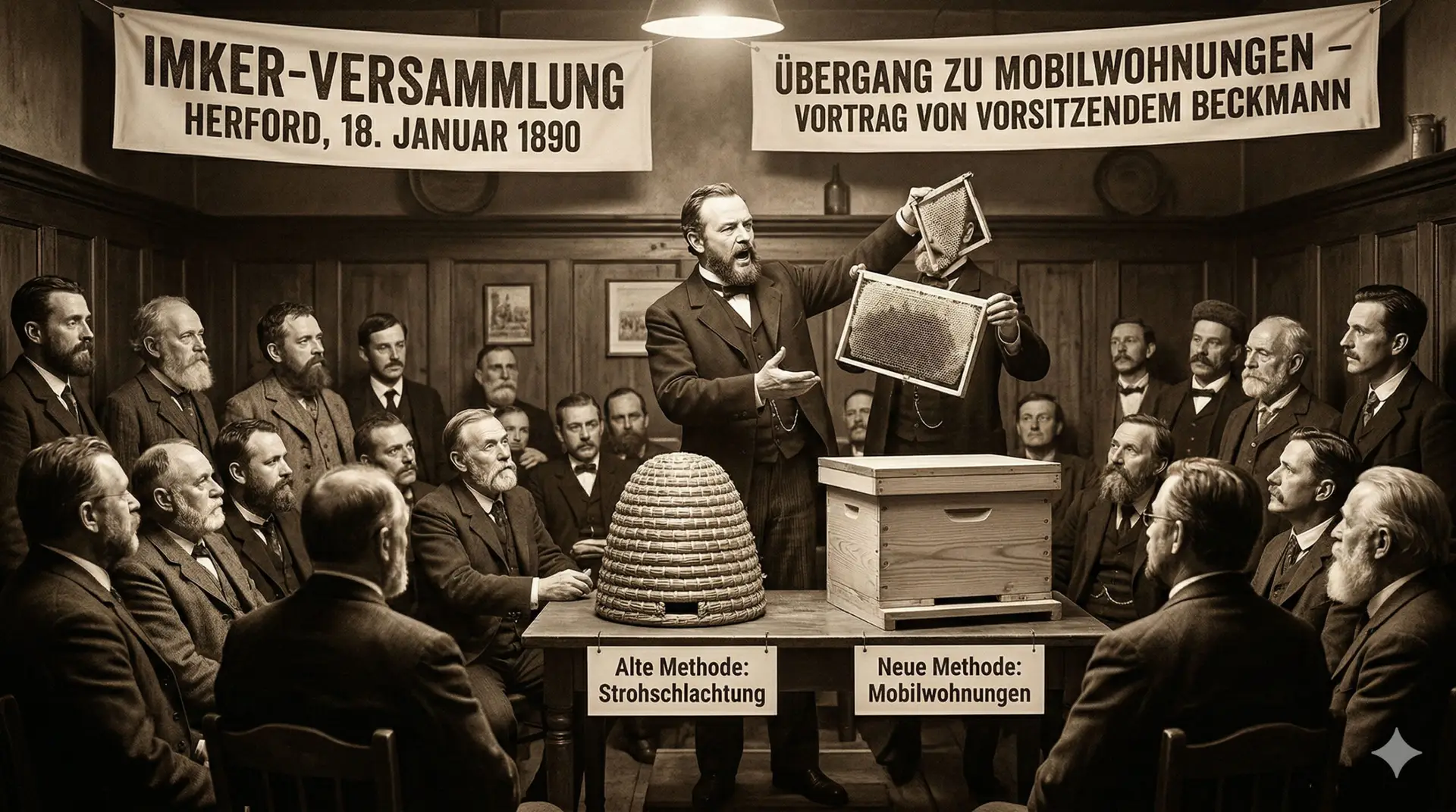 Historische Imker-Versammlung in Herford am 18. Januar 1890: Vorsitzender Beckmann hält einen Vortrag über den Wechsel von der Strohschlachtung (Strohkorb) zu modernen Mobilwohnungen (Magazinbeute).