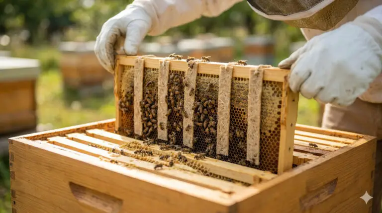 Ein Imker hält eine Bienenwabe mit Bienen und aufgehängten Oxalsäurestreifen zur Varroa-Behandlung über einer offenen Bienenbeute.