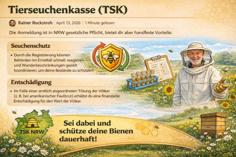 Infografik zur Tierseuchenkasse (TSK) in NRW für Imker: Erläuterung der Anmeldepflicht, des Seuchenschutzes und der Entschädigung bei Amerikanischer Faulbrut.