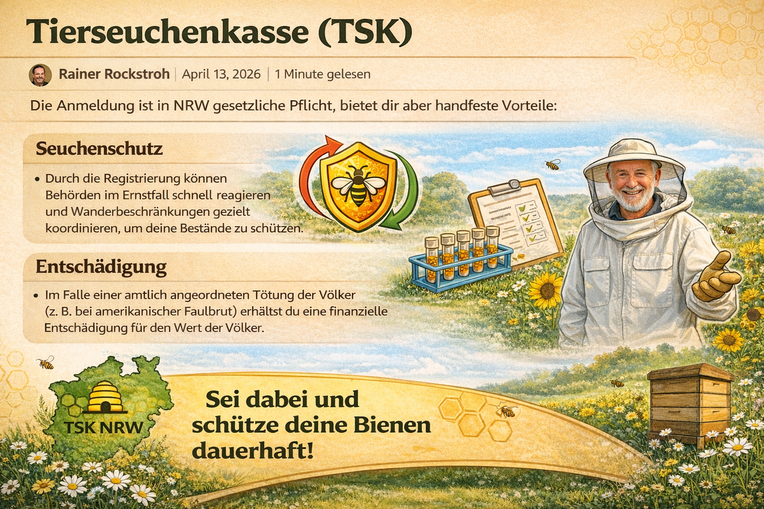 Infografik zur Tierseuchenkasse (TSK) in NRW für Imker: Erläuterung der Anmeldepflicht, des Seuchenschutzes und der Entschädigung bei Amerikanischer Faulbrut.