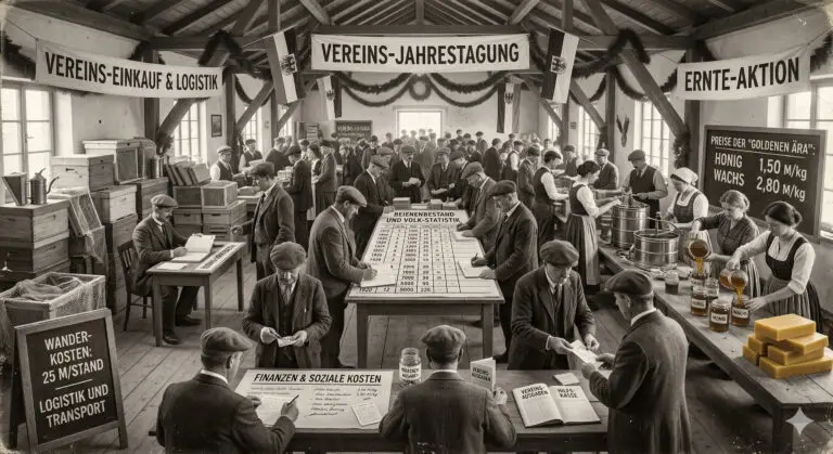 Detailliertes, sepia-getöntes Tableau-Vivant-Foto einer historischen Imker-Jahrestagung in einer Scheune. Männer füllen Statistik- und Finanzformulare aus, während Frauen Honig abfüllen. Ein Stapel farbiger goldener Bienenwachsblöcke bildet einen visuellen Akzent auf einem Tisch.