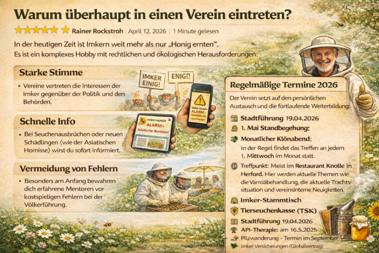 Infografik "Warum überhaupt in einen Verein eintreten?" mit Argumenten wie Interessenvertretung, schnellen Informationen zu Schädlingen und Mentoring sowie einer Terminübersicht für 2026