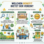 Infografik "Welchen Benefit bietet der Verein?" mit Übersicht der Vorteile für Imker: Versicherungsschutz, Fachwissen, Gemeinschaft, Vermarktung (D.I.B.) und Naturschutz.