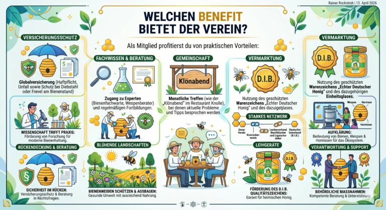 Infografik "Welchen Benefit bietet der Verein?" mit Übersicht der Vorteile für Imker: Versicherungsschutz, Fachwissen, Gemeinschaft, Vermarktung (D.I.B.) und Naturschutz.