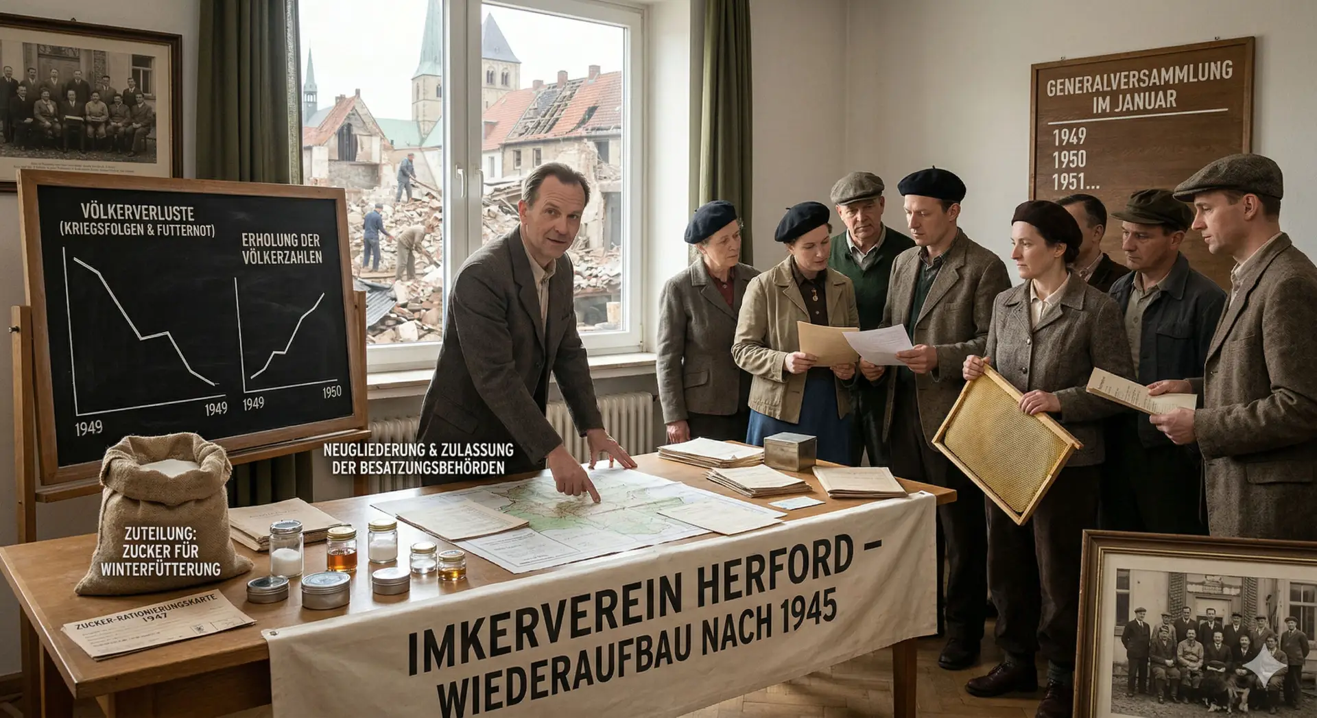 Szenische Darstellung des Wiederaufbaus des Imkervereins Herford nach 1945: Imker planen vor Ruinen-Kulisse die Neuorganisation. Sichtbar sind Statistiken zu Völkerverlusten, ein Zuckersack zur Winterfütterung und Dokumente zur Zulassung durch die Besatzungsbehörden.