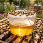 Bienen füttern sich an einem Plastikeimer mit Bienenfutter (Zuckersirup) auf einem hölzernen Bienenstock in einer blühenden Imkerei.