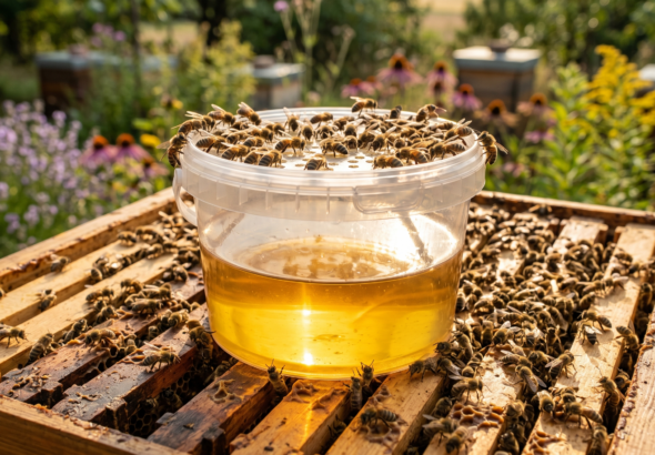 Bienen füttern sich an einem Plastikeimer mit Bienenfutter (Zuckersirup) auf einem hölzernen Bienenstock in einer blühenden Imkerei.