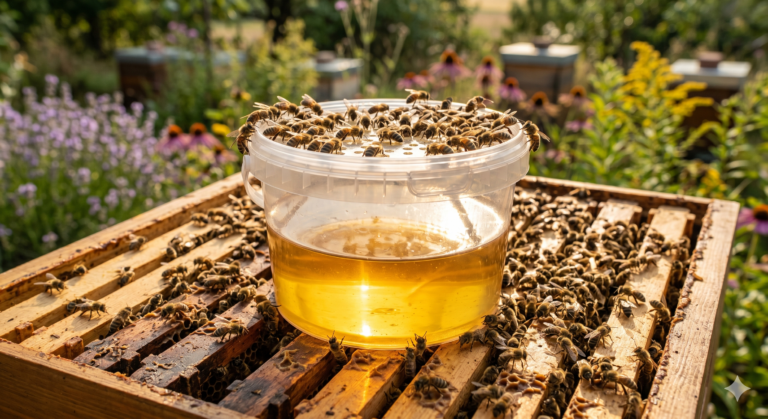 Bienen füttern sich an einem Plastikeimer mit Bienenfutter (Zuckersirup) auf einem hölzernen Bienenstock in einer blühenden Imkerei.