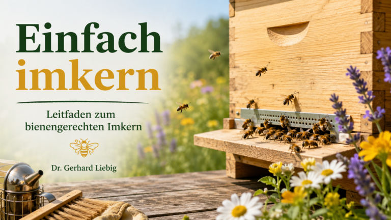 Beitragsbild für „Einfach imkern“ von Dr. Gerhard Liebig: Ein Bienenstock auf einer Sommerwiese mit Lavendel und Gänseblümchen, umgeben von fliegenden Bienen und Imkerwerkzeug.