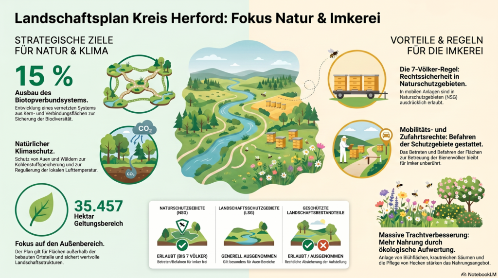 Infografik zum Landschaftsplan des Kreises Herford mit Informationen zu Naturschutz, Biotopverbund, Klimaschutz, Schutzgebieten und den Regelungen für die Imkerei in Natur- und Landschaftsschutzgebieten.