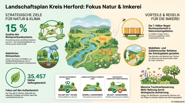 Infografik zum Landschaftsplan des Kreises Herford mit Informationen zu Naturschutz, Biotopverbund, Klimaschutz, Schutzgebieten und den Regelungen für die Imkerei in Natur- und Landschaftsschutzgebieten.