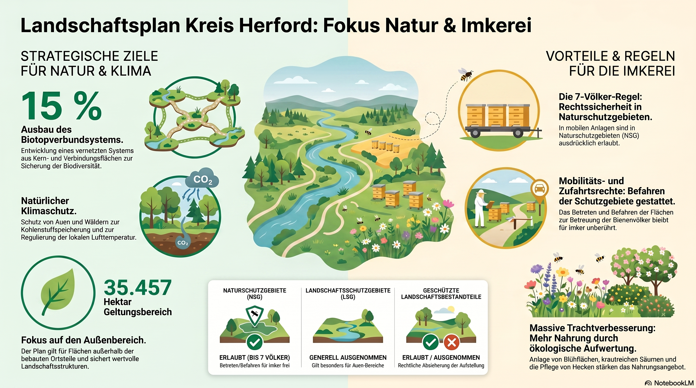 Infografik zum Landschaftsplan des Kreises Herford mit Informationen zu Naturschutz, Biotopverbund, Klimaschutz, Schutzgebieten und den Regelungen für die Imkerei in Natur- und Landschaftsschutzgebieten.
