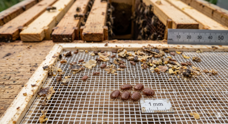Varroa – Mehrere ovale, rotbraune Varroamilben liegen im Fokus auf dem weißen Gitter einer Diagnosewindel vor einer geöffneten Bienenbeute mit Waben und Bienen.