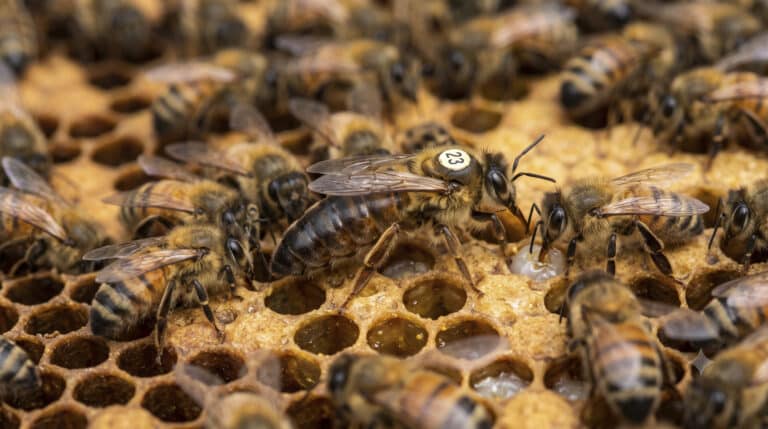 Bienenkönigin umgeben von Arbeiterbienen.